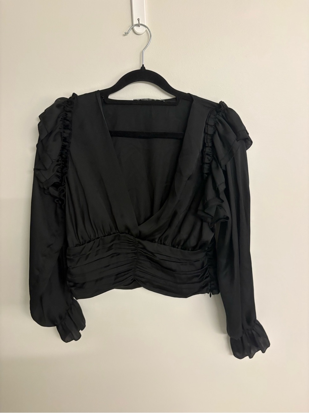 Zara Black Ruffled V-Neck Blouse